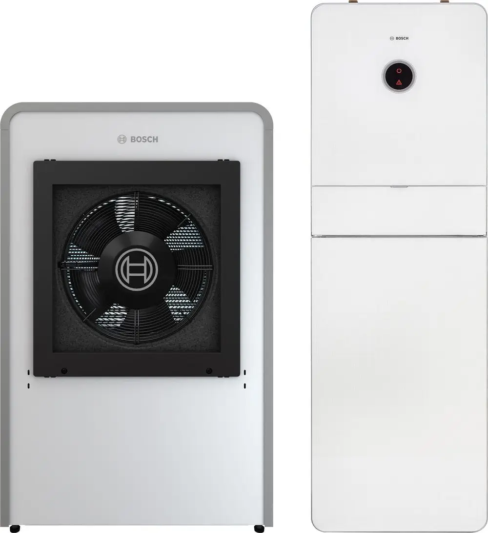 Bosch-Luft/Wasser-Wärmepumpe mit einem Sichtfenster und Kühlerfront links, daneben ein schlichtes Kühlschrankdesign, beide in Weiß gehalten.